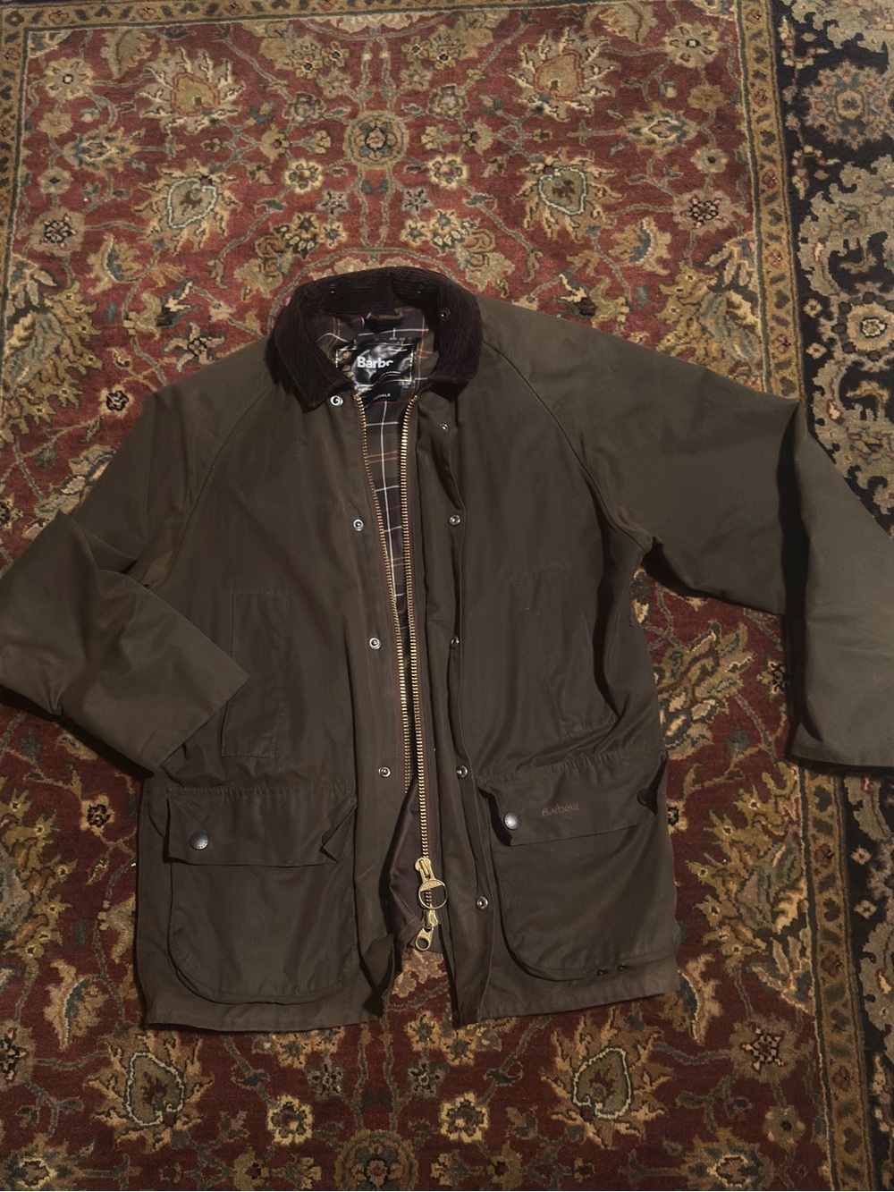 Barbour Olive Green Cotton Field Jacket with Brown Corduroy Collar